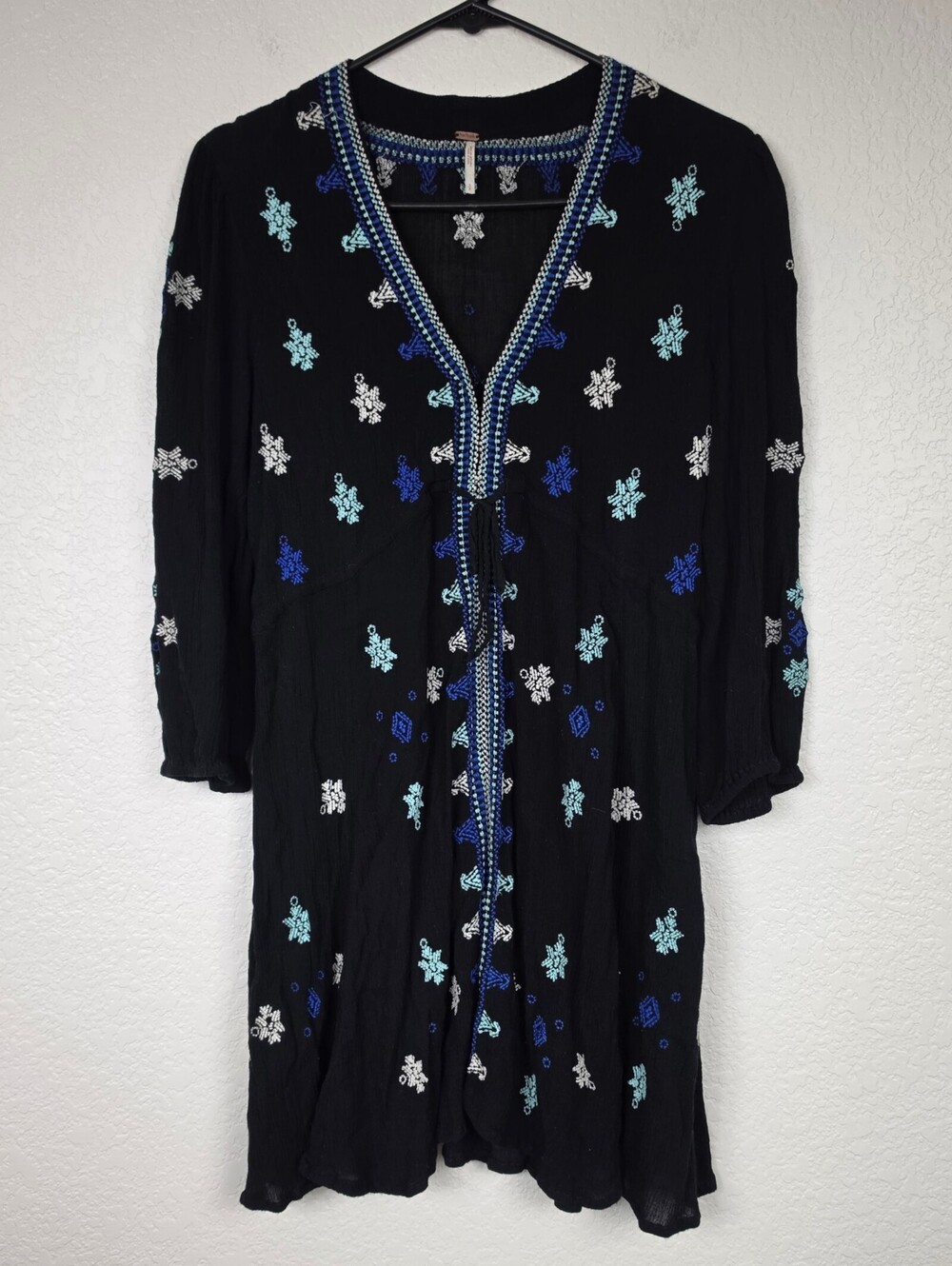 Free People Black Blue Embroidered Small Mini Dress